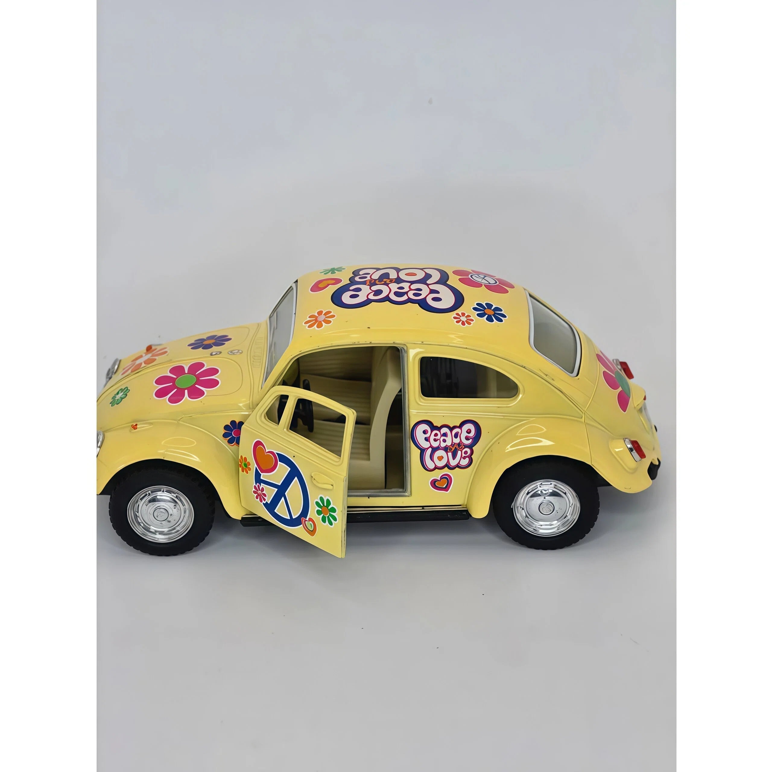 Yellow and Multicolor "Peace and Love" Volkswagen Beetle Toy Car Model